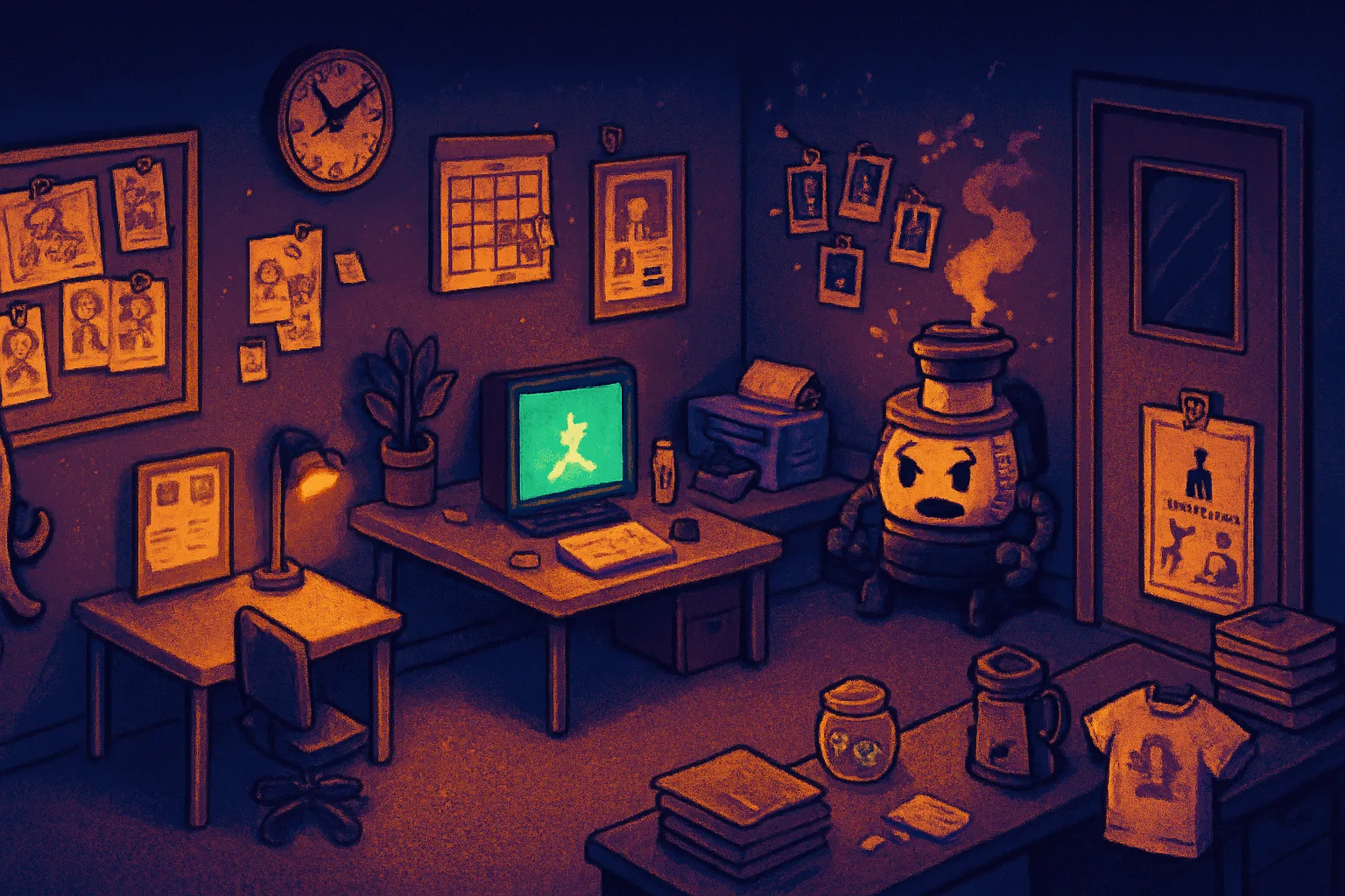 Pixel-Art-Illustration eines nächtlichen Büros: Pinnwand, Wanduhr, Kalender, Team-Fotowand, ein Monitor mit Spiel-Glow, eine Kaffeemaschine mit Eigenleben und jede Menge Bürochaos zum Entdecken.